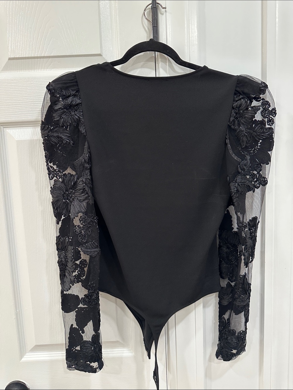 Express Black V-Neck Bodysuit with Embroidered Sheer Puff Sleeves - Picture 4 of 5